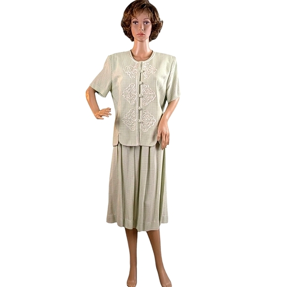 Vintage 80s Jessica Howard 2 Piece Skirt Set, Lime Green Checked, Size 14 - Picture 1 of 13